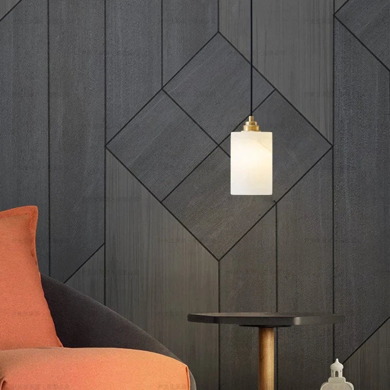 Modern Cylindrical Alabaster Pendant Light in Living Room Interior