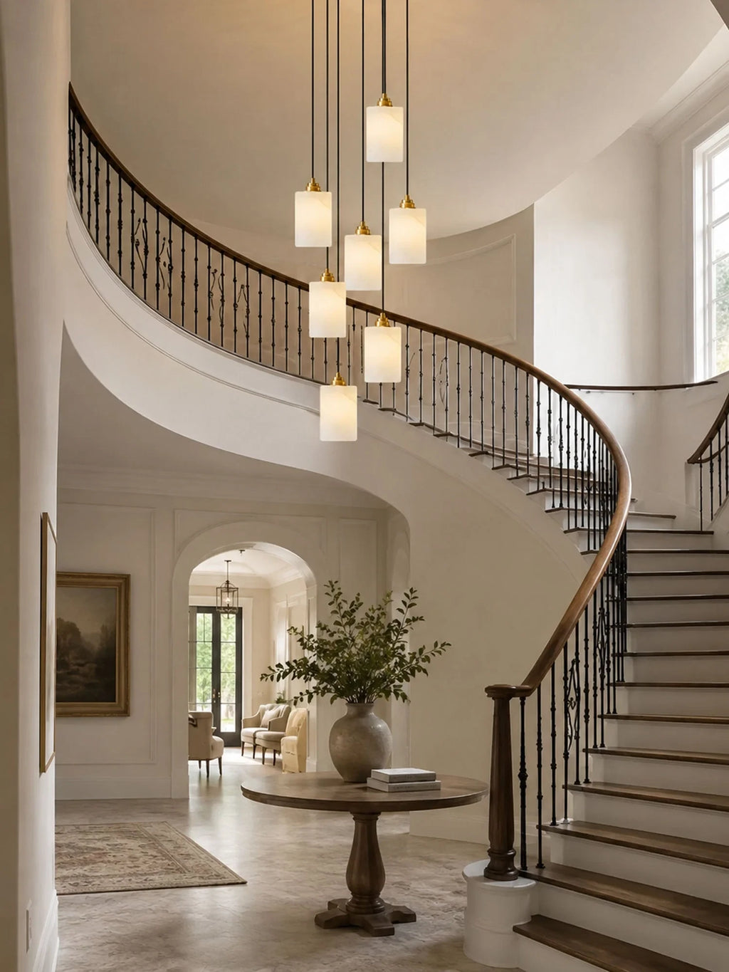 Modern Cascading Cylindrical Alabaster Chandelier in Grand Stairwell