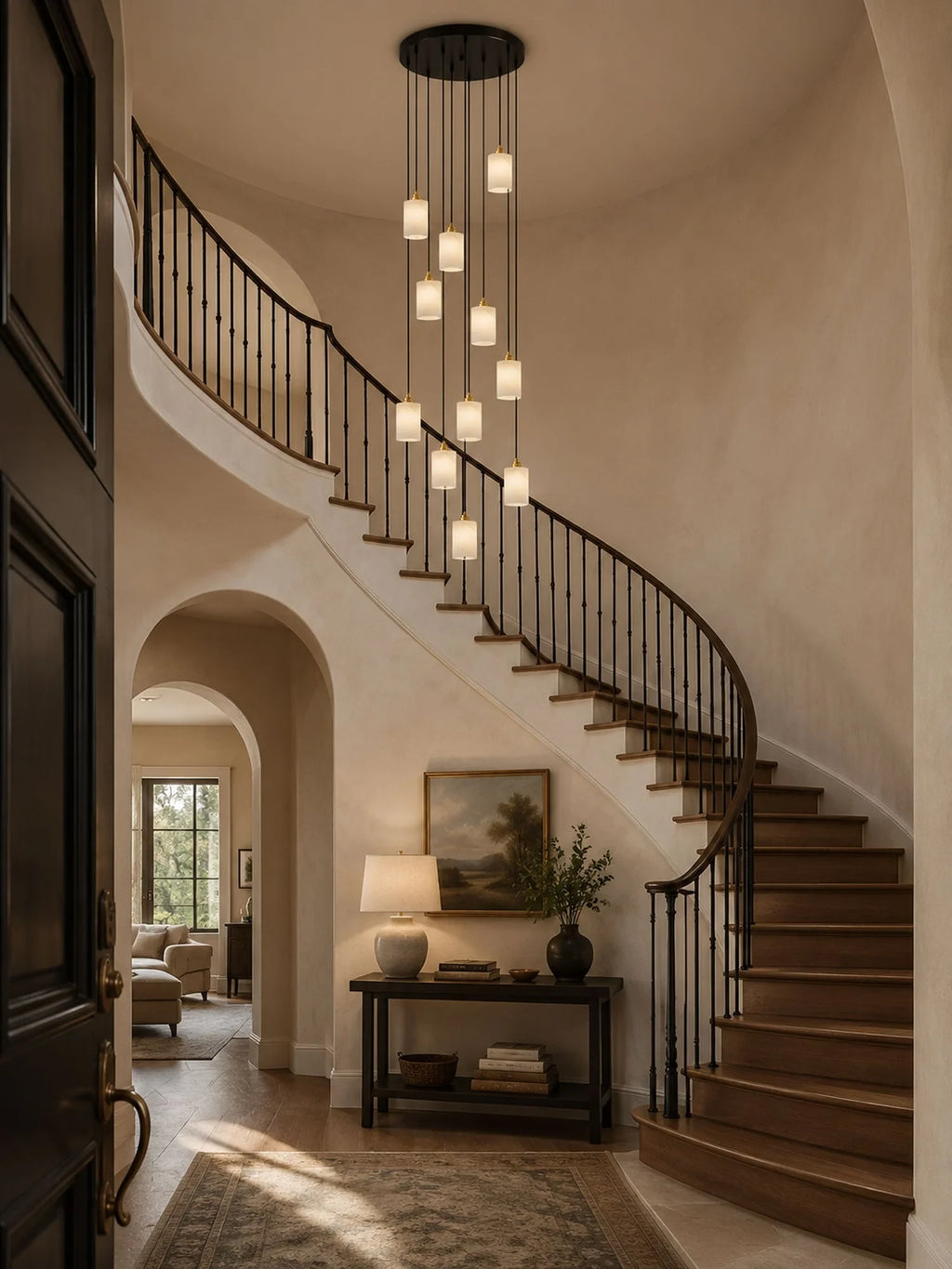 Modern Cascading Alabaster Pendant Lights in Vaulted Entryway Foyer