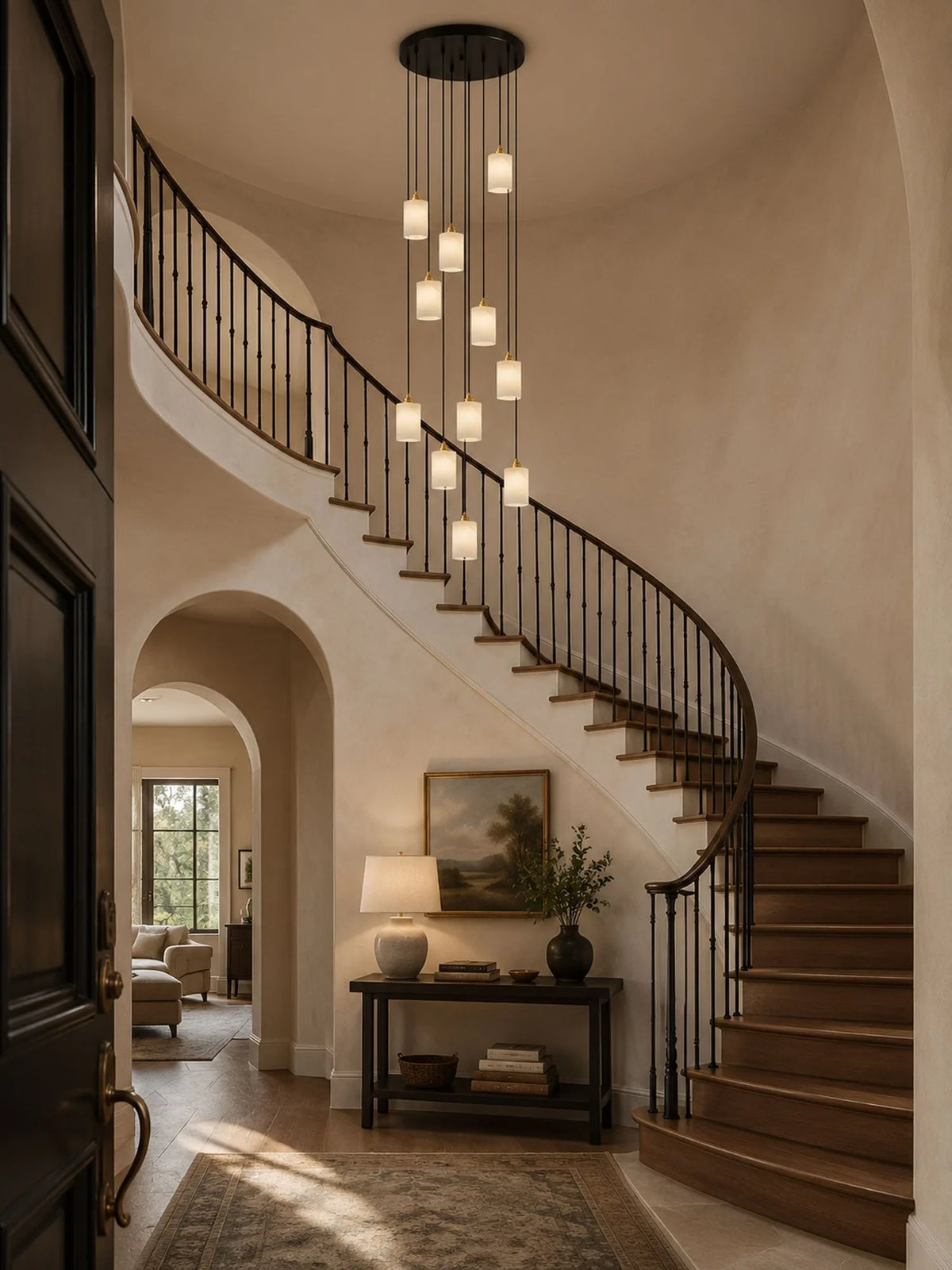 Modern Cascading Alabaster Pendant Lights in Vaulted Entryway Foyer