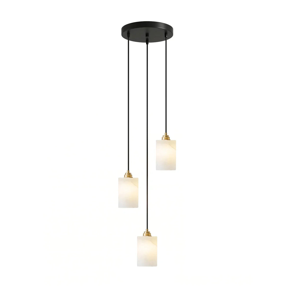 Illuminated Modern Triple Cylindrical Alabaster Pendant Lights Studio Shot