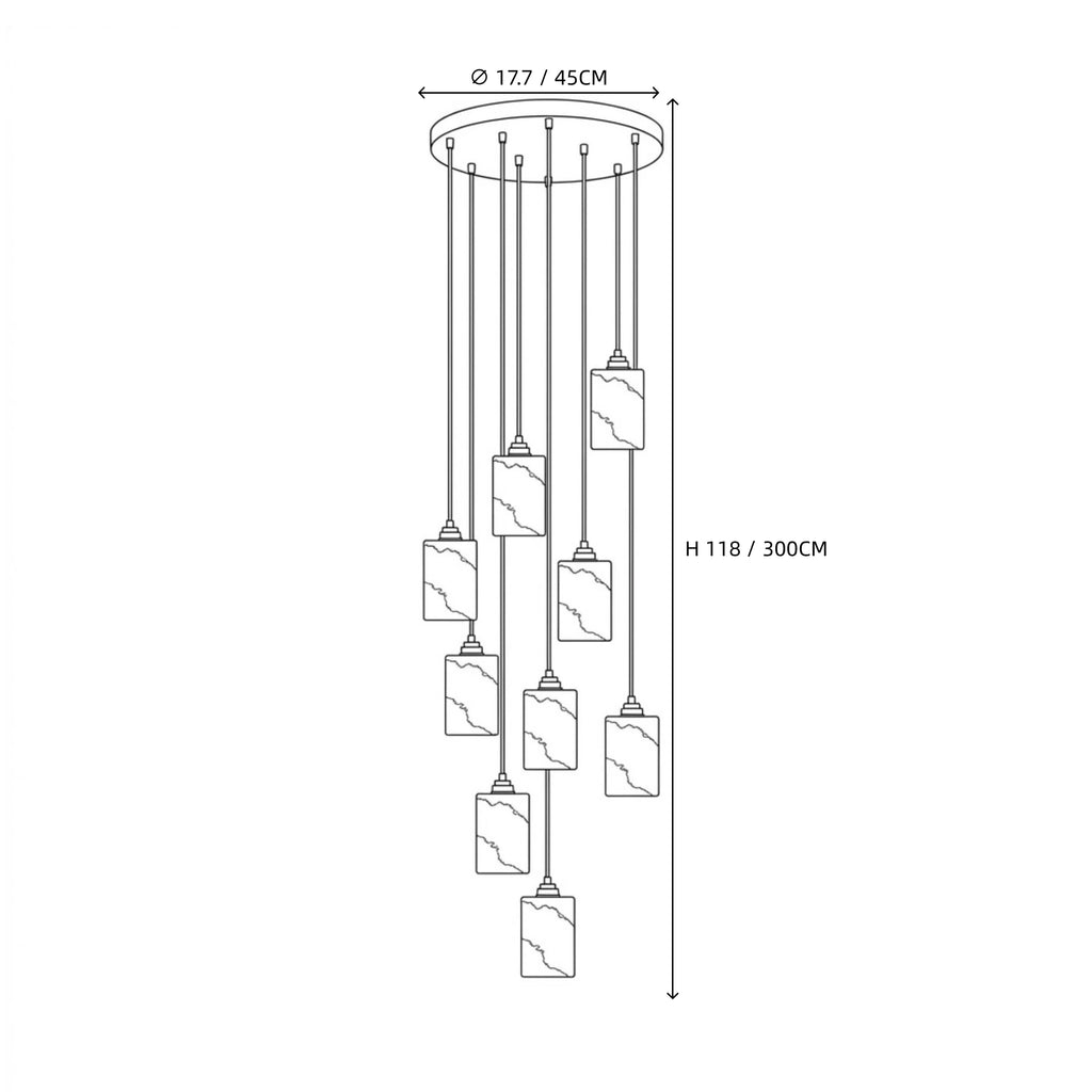 Modern Multi-Light Cylindrical Alabaster Chandelier Line Art Dimension Diagram