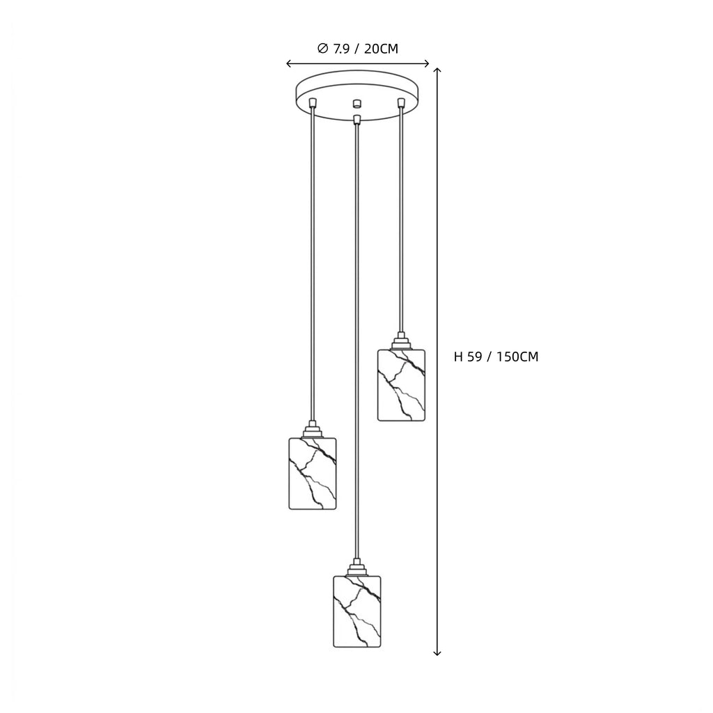 Modern Triple Cylindrical Alabaster Pendant Lights Line Art Dimension Diagram