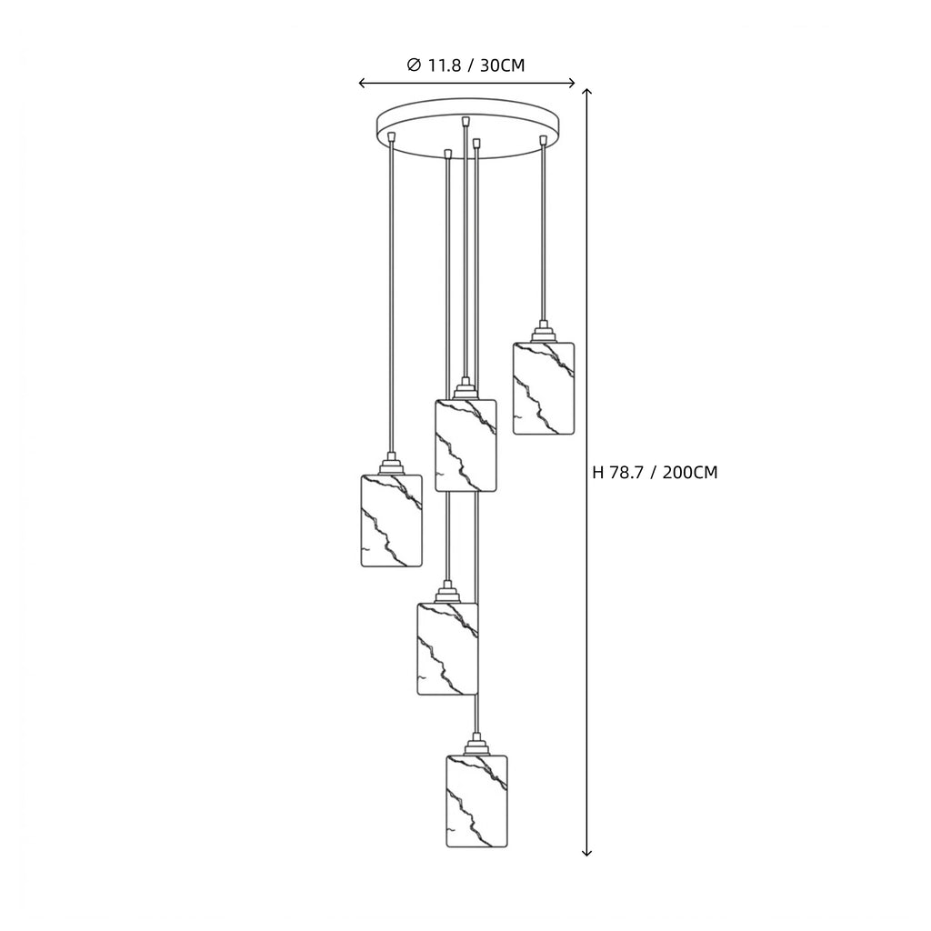 Modern Four-Light Cylindrical Alabaster Pendant Fixture Line Art Dimension Diagram