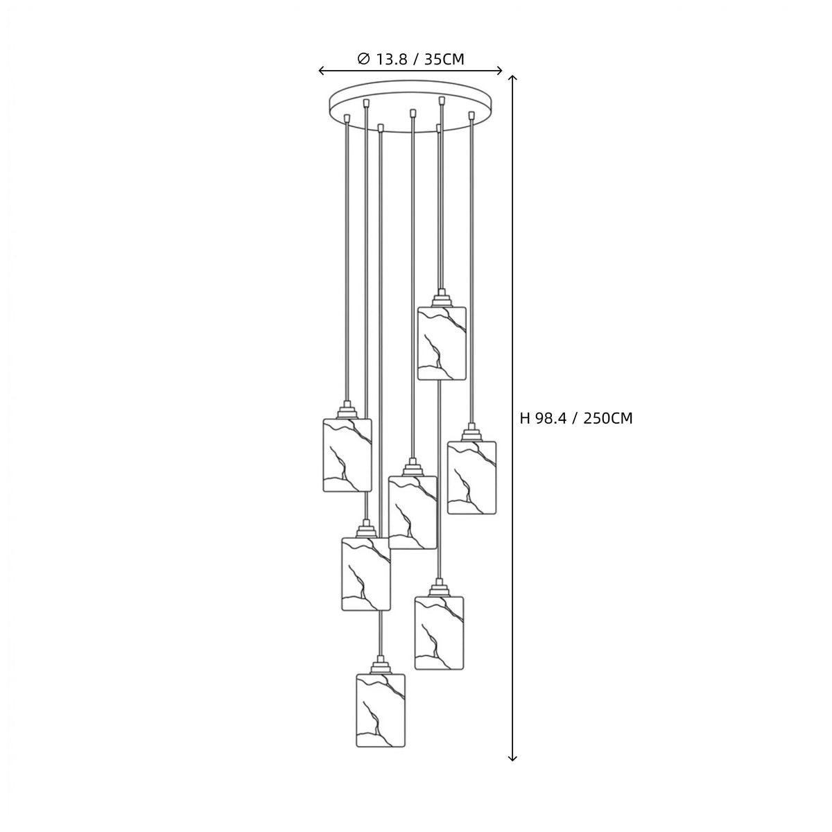 Modern Five-Light Cylindrical Alabaster Pendant Fixture Line Art Dimension Diagram