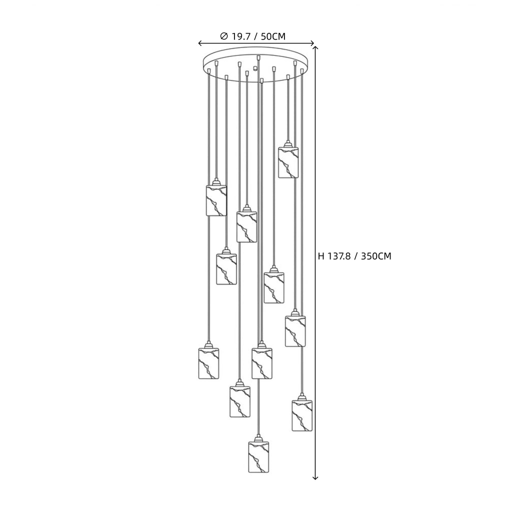 Modern Grand Cylindrical Alabaster Chandelier Line Art Dimension Diagram