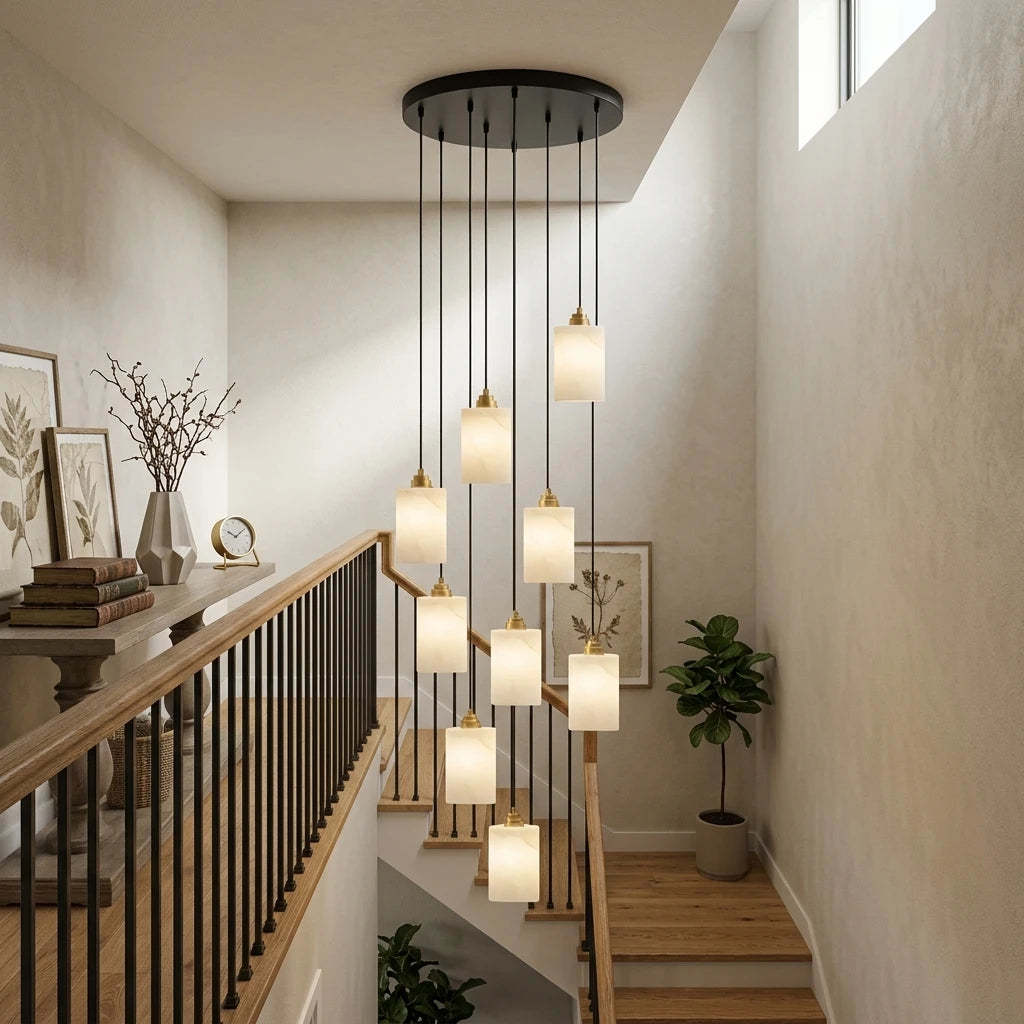 Modern Cascading Cylindrical Alabaster Pendant Lights in Vaulted Stairwell Foyer