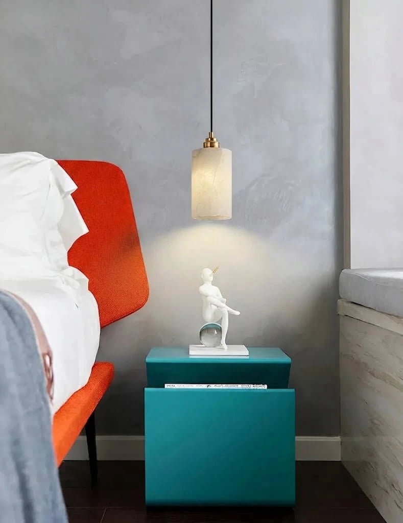Modern Alabaster Pendant Light Over Bedroom Nightstand