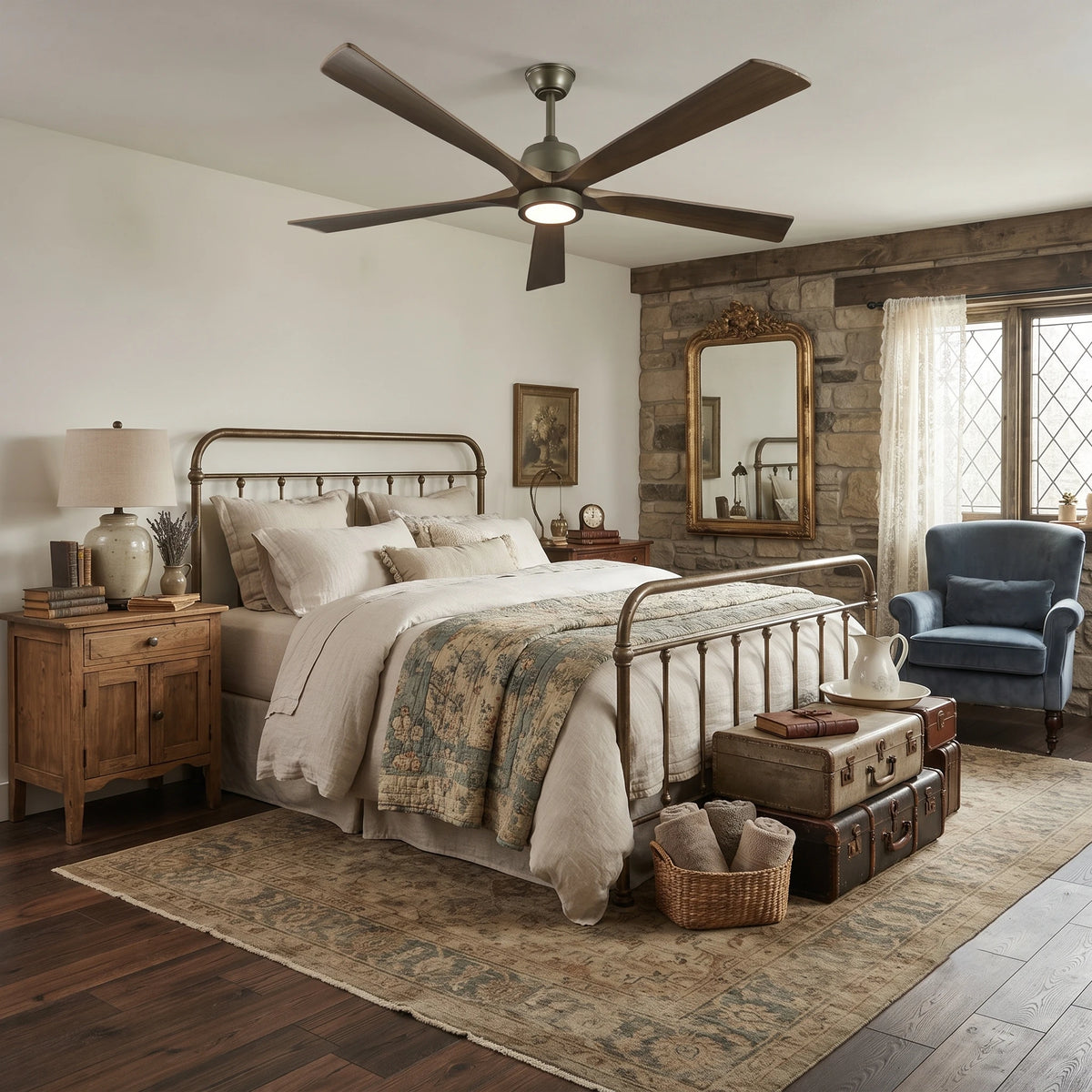 Solid Wood Blade Ceiling Fan in Traditional Master Bedroom