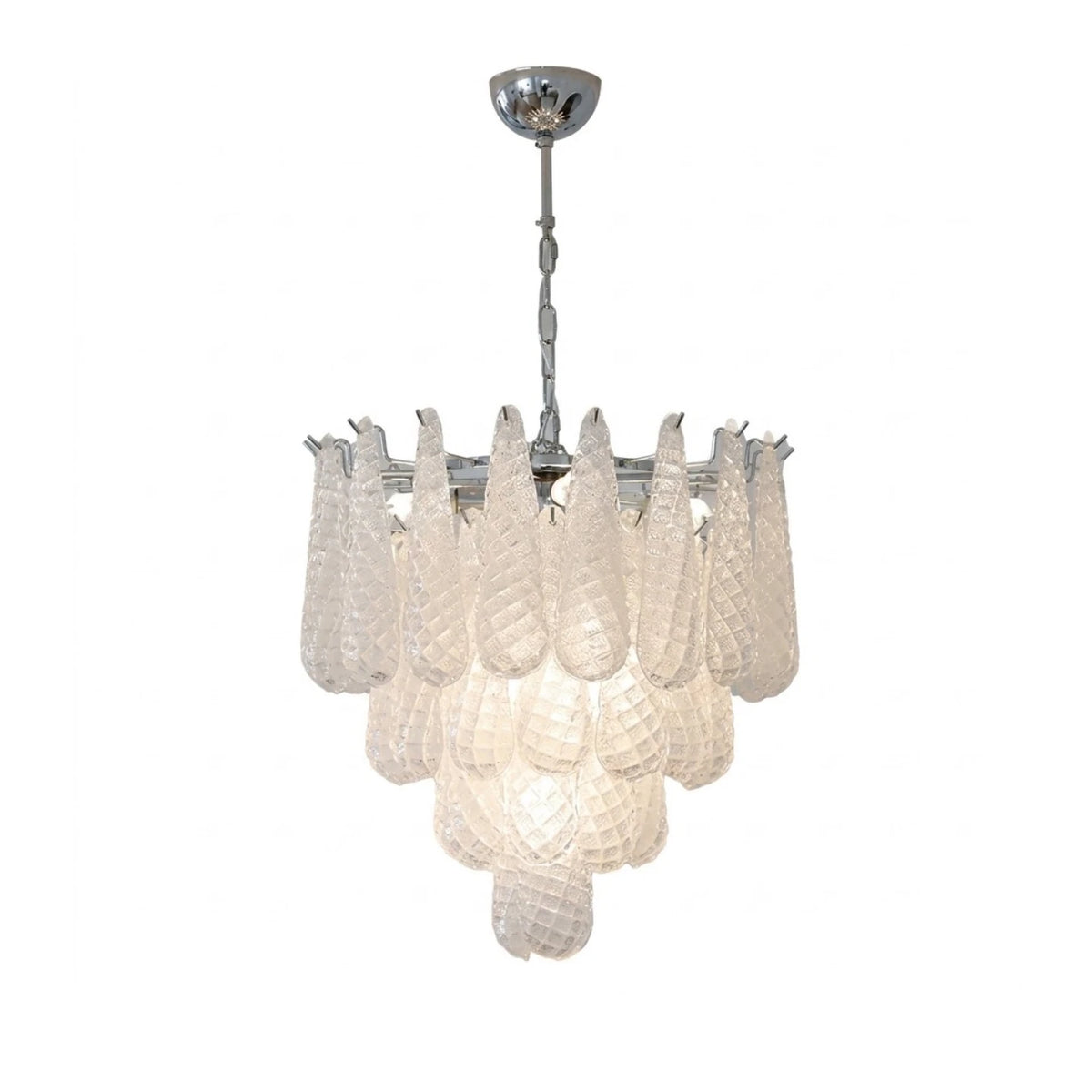 Modern Silver Frame and Frosted White Feather Wave Art Glass Chandelier with Silver Canopy on Pure White Background