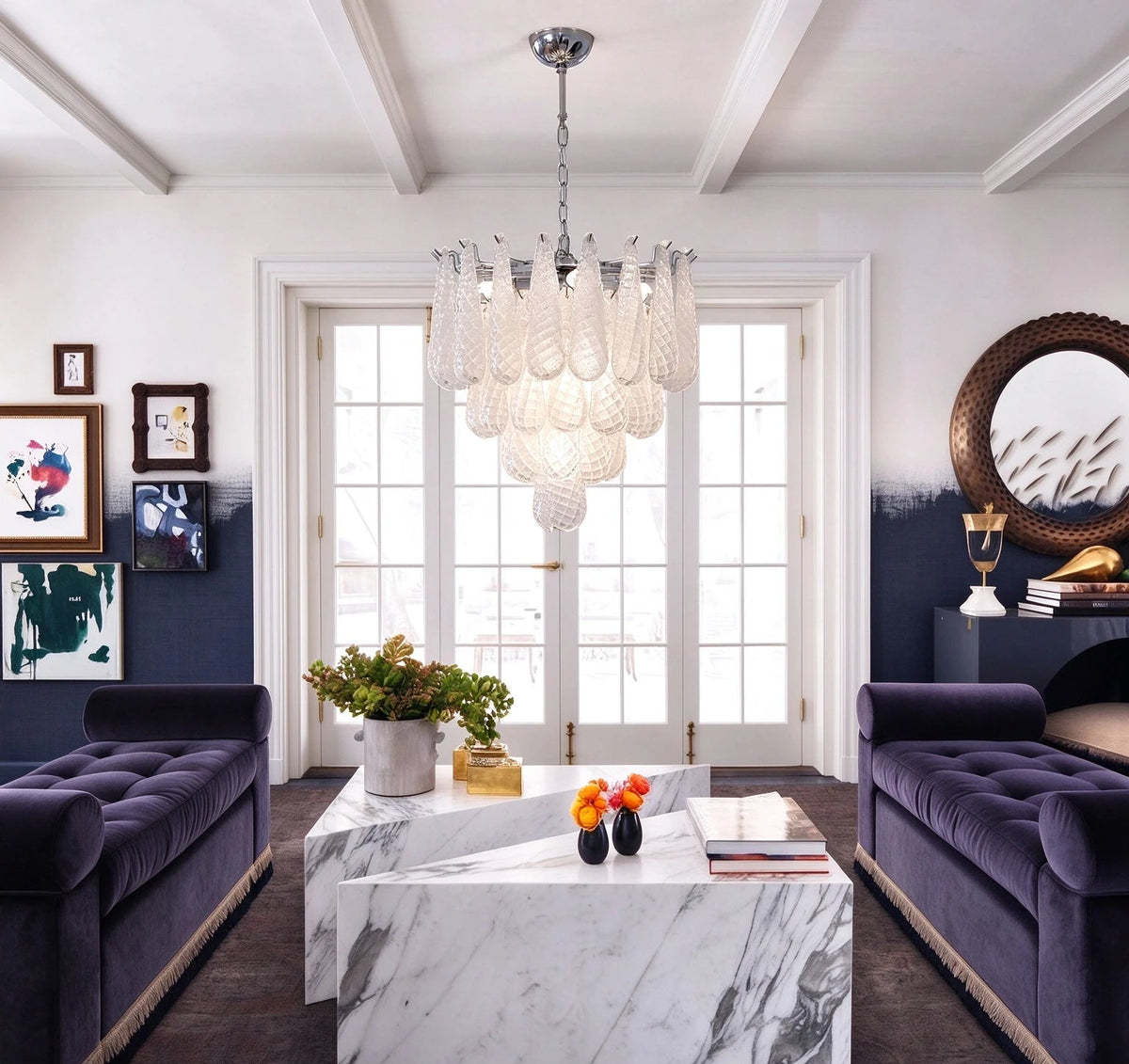 Modern Frosted White Feather Wave Art Glass Chandelier in Contemporary Living Space