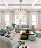 Modern Silver Frame Frosted White Feather Chandelier in Bright Living Room