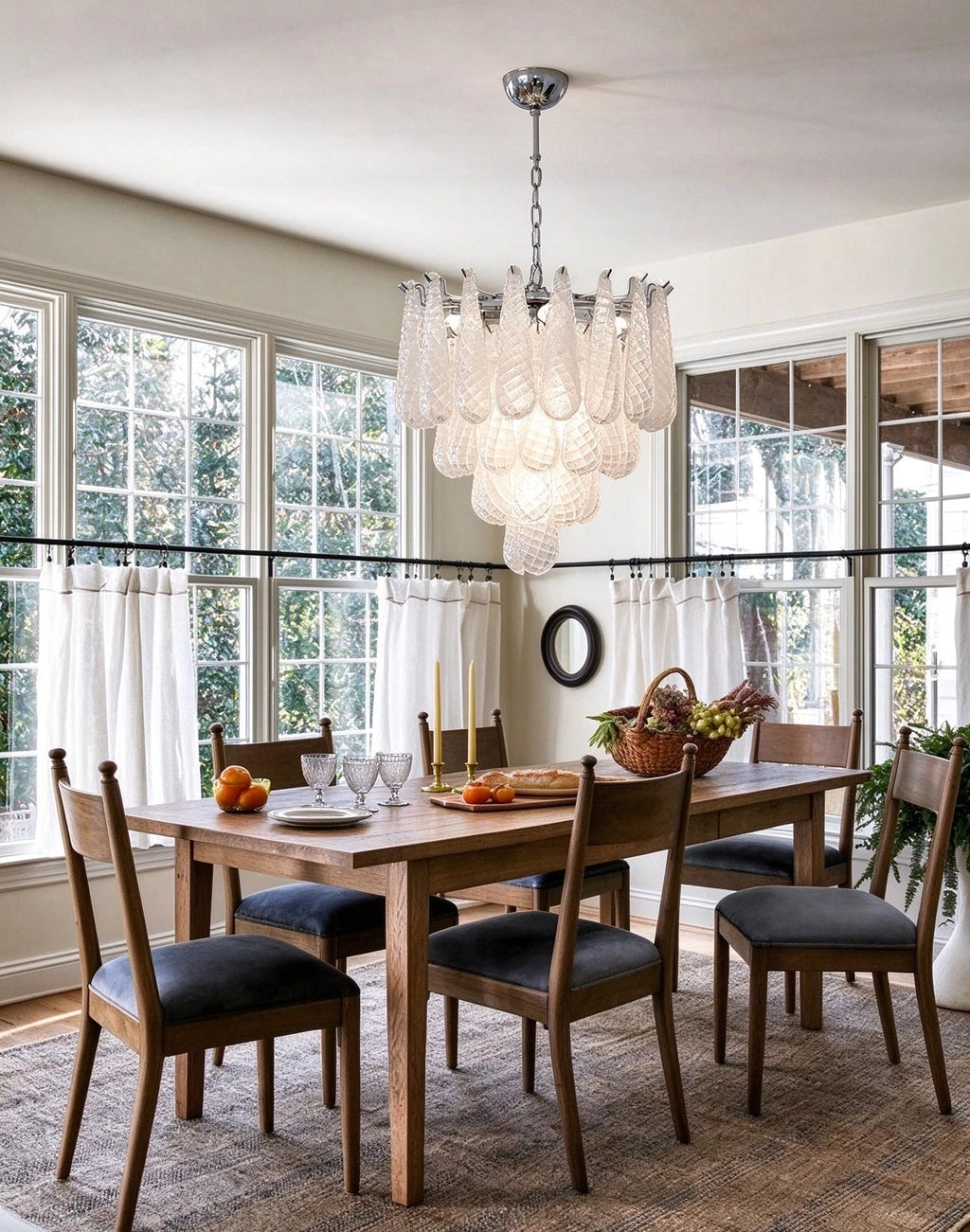 Modern Frosted White Feather Wave Art Glass Chandelier in Elegant Dining Setting