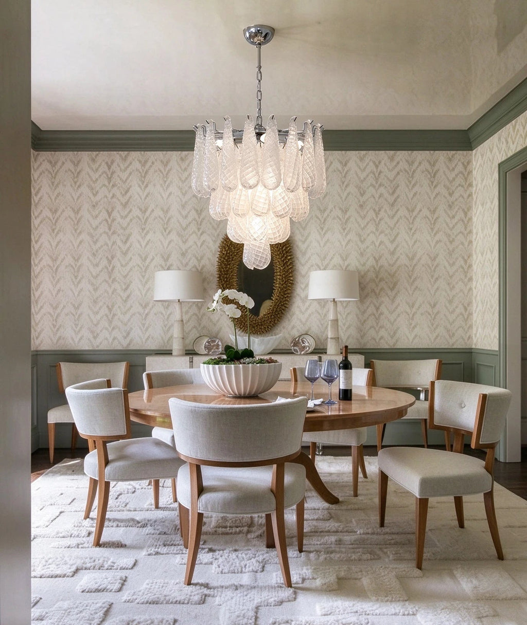 Modern Silver Frame Frosted White Feather Chandelier in Classic Dining Room