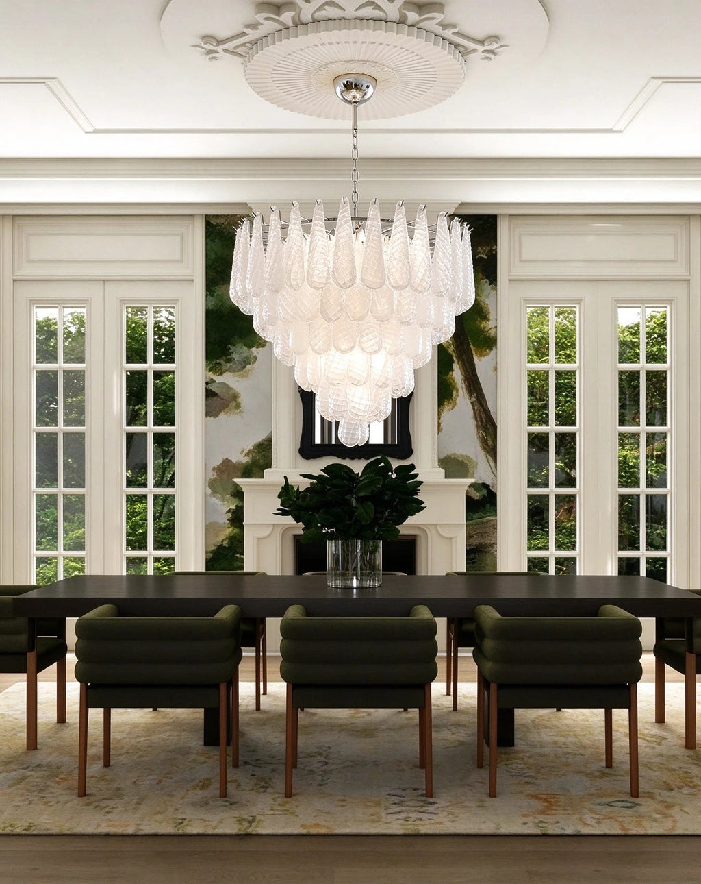 Modern Frosted White Feather Wave Art Glass Chandelier in Grand Dining Room