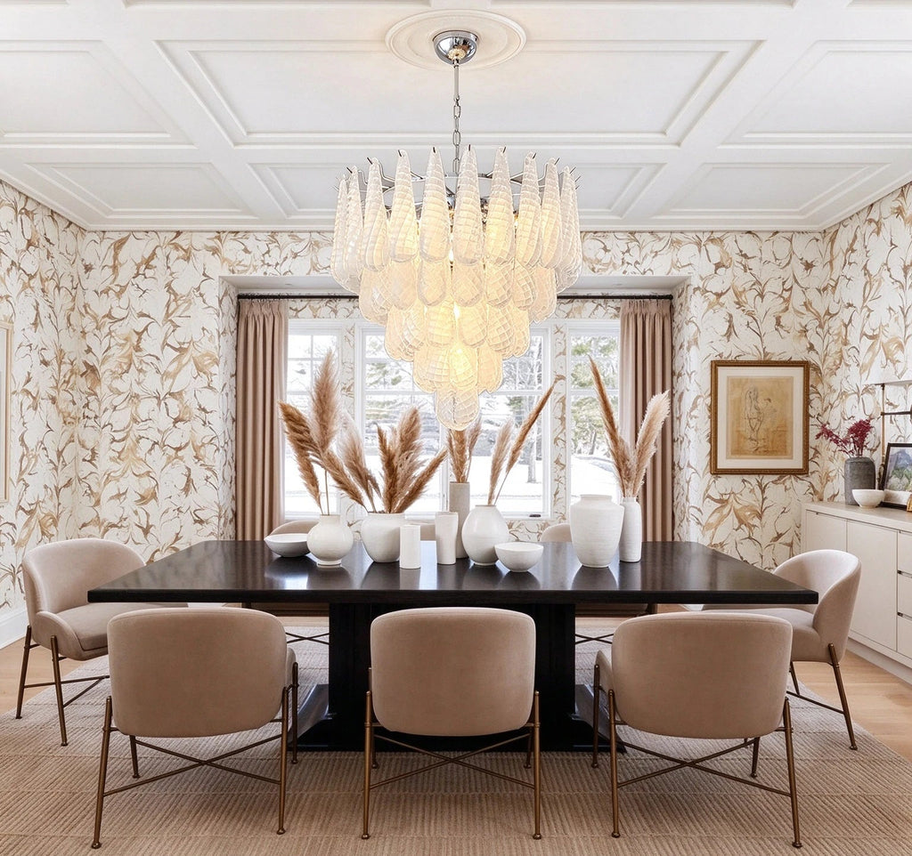 Modern Silver Frame Frosted White Feather Chandelier in Open Plan Dining Setting