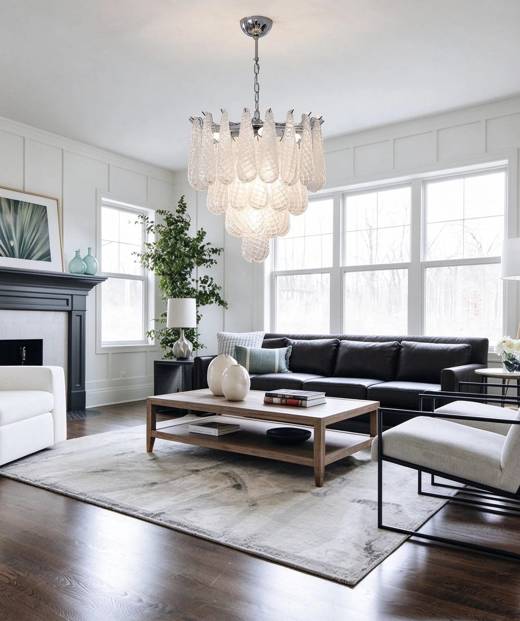 Modern Silver Frame Frosted White Feather Chandelier in Cozy Living Area