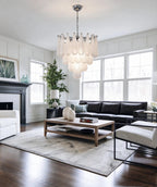 Modern Silver Frame Frosted White Feather Chandelier in Cozy Living Area