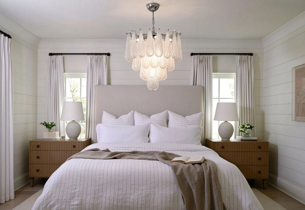 Modern Frosted White Feather Wave Art Glass Chandelier in Master Bedroom Setting