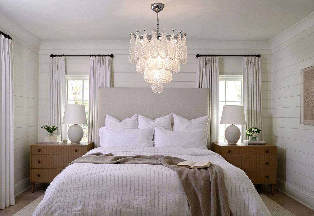 Modern Frosted White Feather Wave Art Glass Chandelier in Master Bedroom Setting