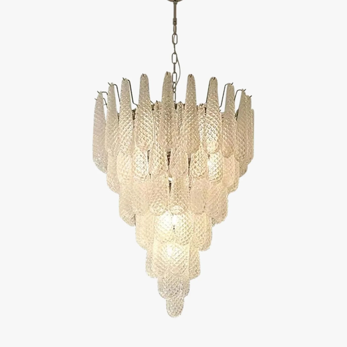 Illuminated Modern Silver Frame Frosted White Feather Chandelier Studio Shot