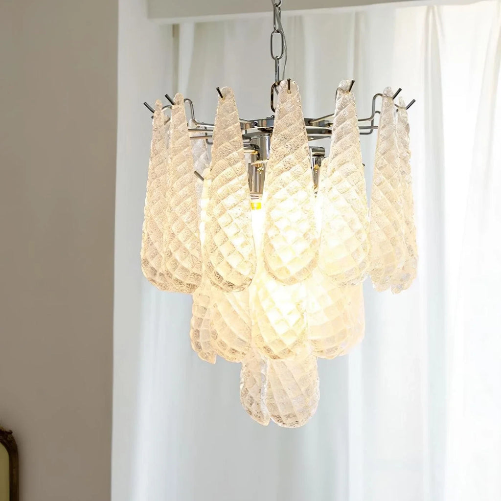Illuminated Modern Silver Frame Frosted White Feather Chandelier Studio Shot