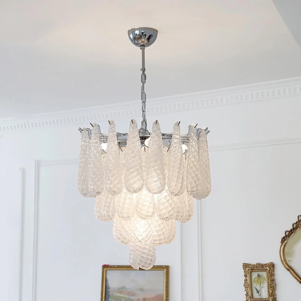 Illuminated Modern Frosted White Feather Wave Art Glass Chandelier Studio Shot