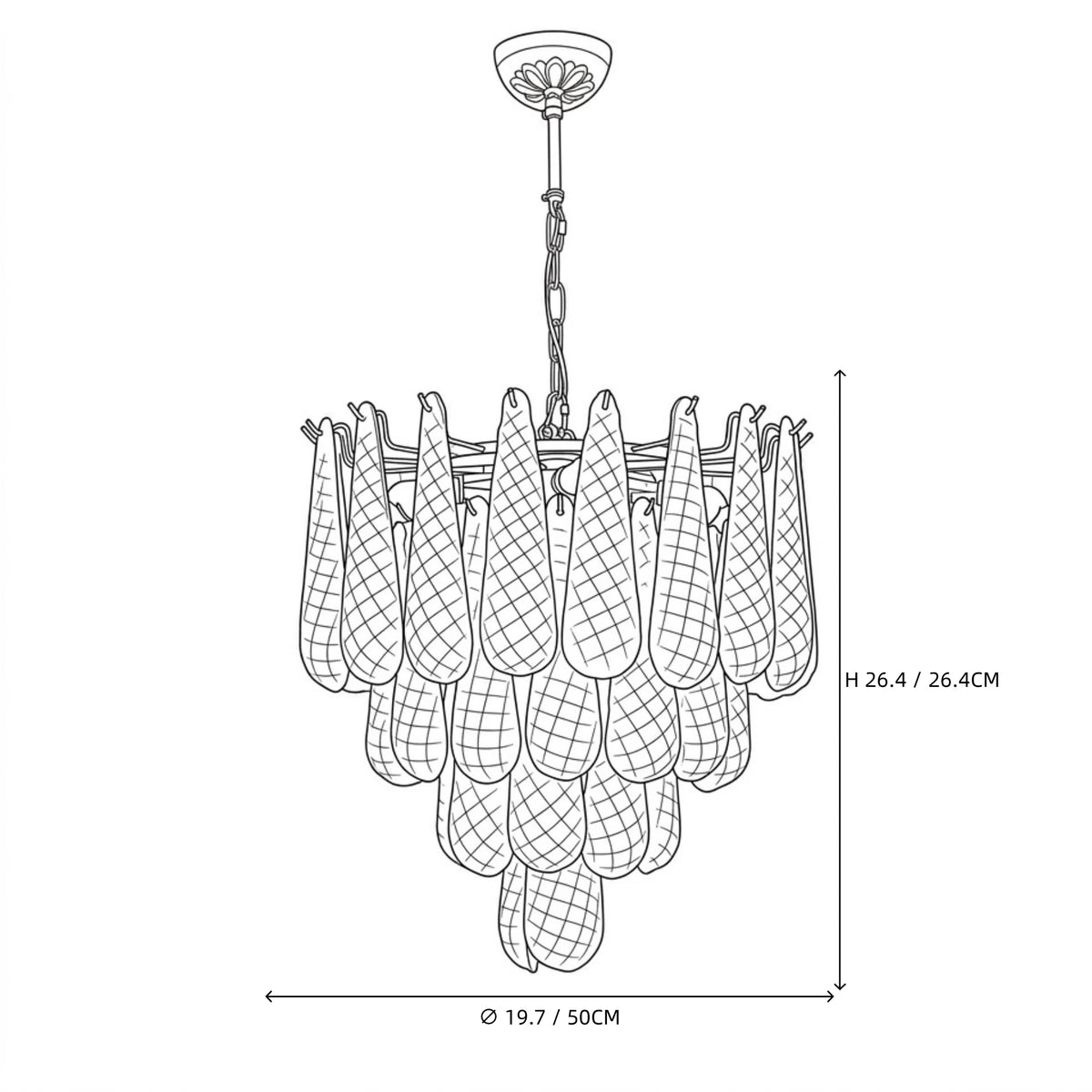 Modern Frosted White Feather Wave Art Glass Chandelier Line Art Dimension Diagram
