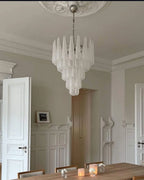 Modern Silver Frame Frosted White Feather Chandelier in Minimalist Hallway