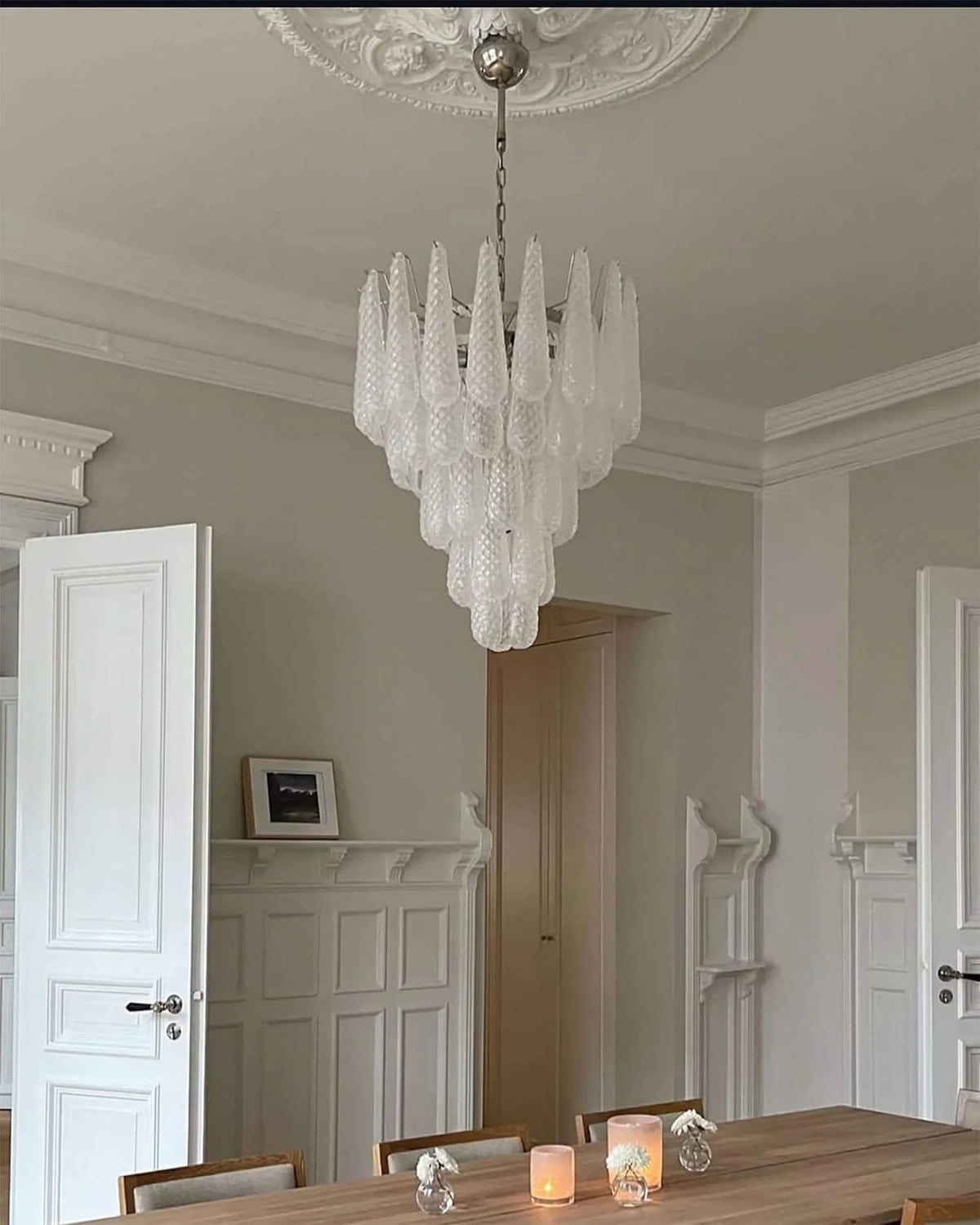 Modern Silver Frame Frosted White Feather Chandelier in Minimalist Hallway