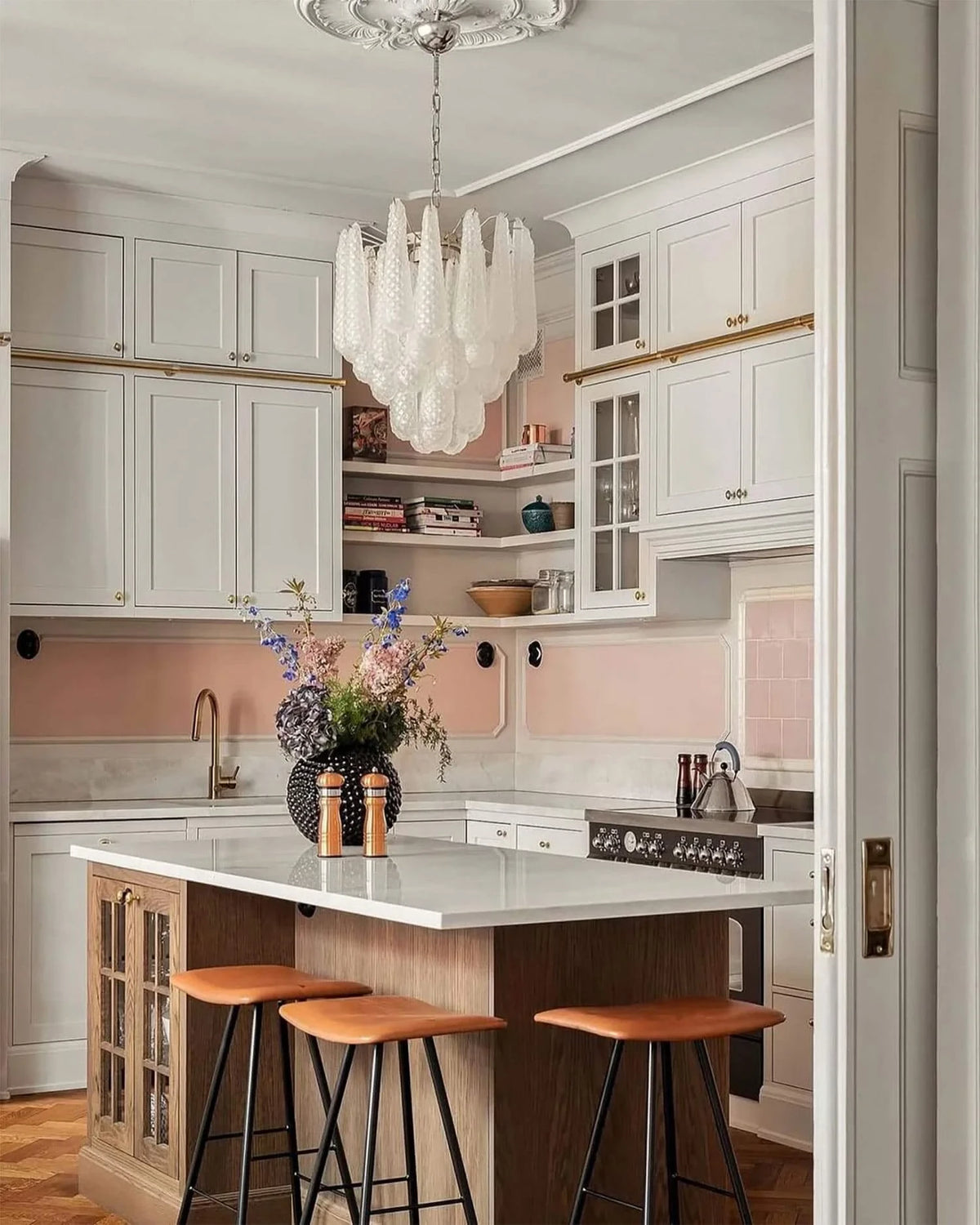 Modern Frosted White Feather Wave Art Glass Chandelier in Modern Kitchen Interior