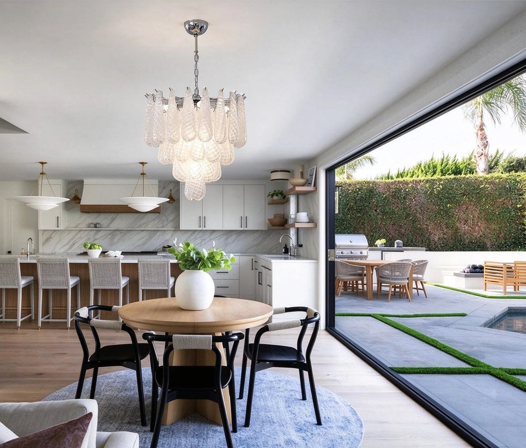 Modern Frosted White Feather Wave Art Glass Chandelier in Open Plan Kitchen Dining
