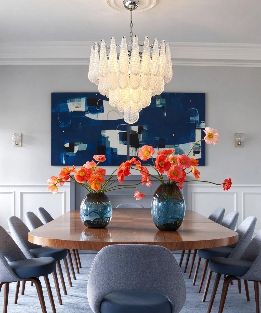 Modern Silver Frame Frosted White Feather Chandelier in Luxury Living Room