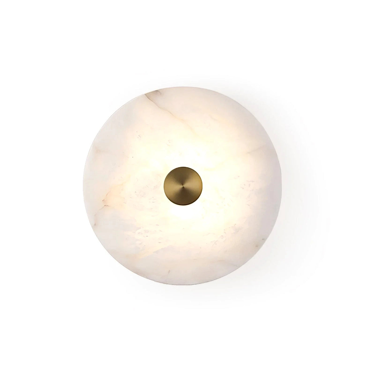 Modern Minimalist Natural Marble Round Disc Wall Sconce with Center Brass Knob on Pure White Background