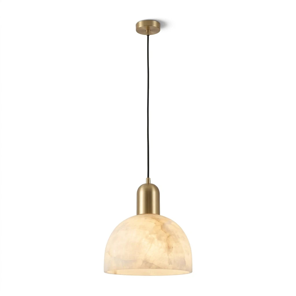 Modern Dome Alabaster Art Glass Pendant Light with Brass Canopy on Pure White Background