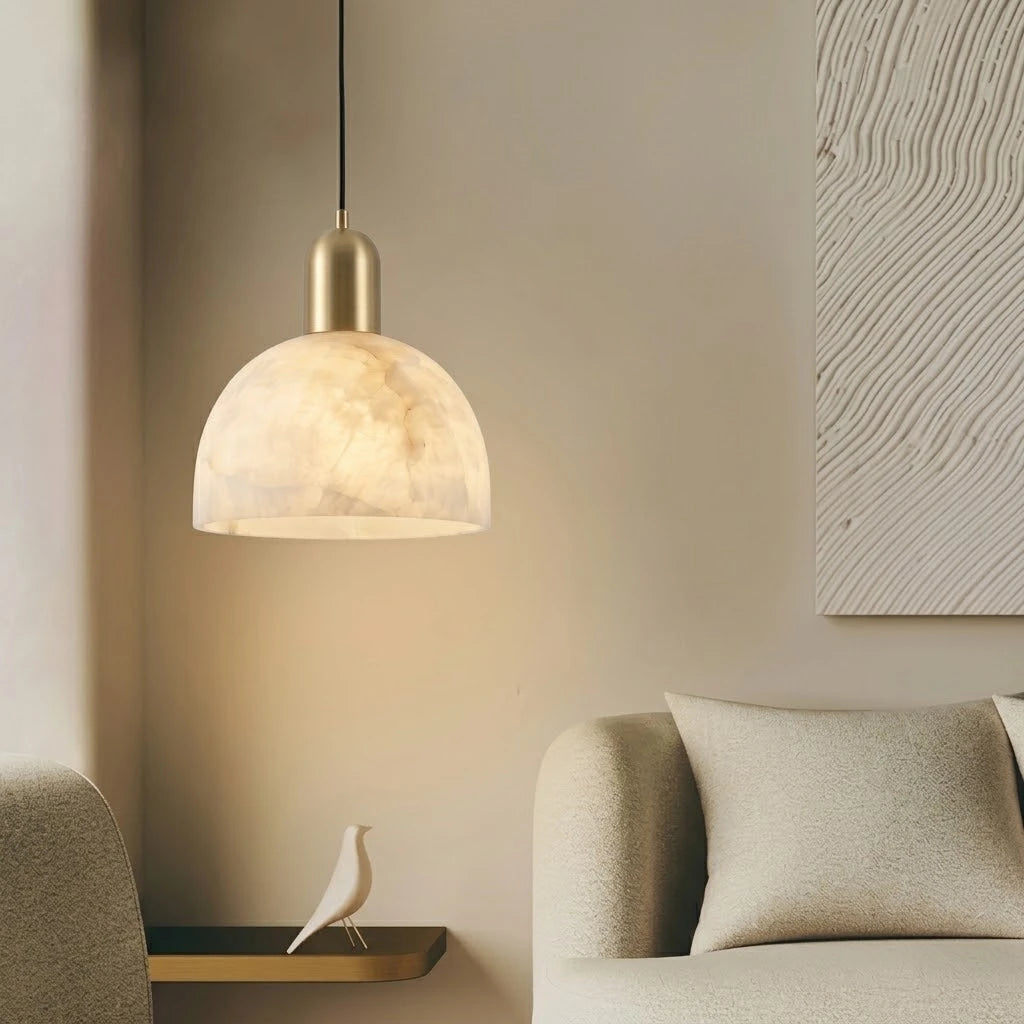 Modern Dome Alabaster Pendant Light in Living Room Setting