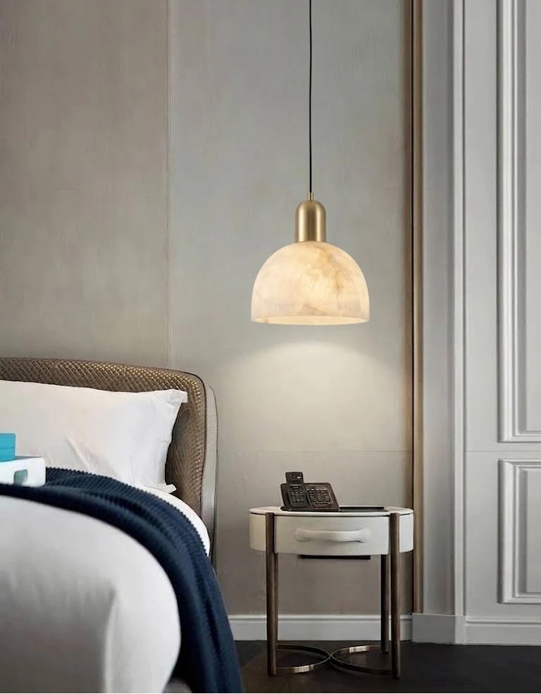 Modern Dome Alabaster Pendant Light Over Bedroom Nightstand