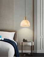 Modern Dome Alabaster Pendant Light Over Bedroom Nightstand