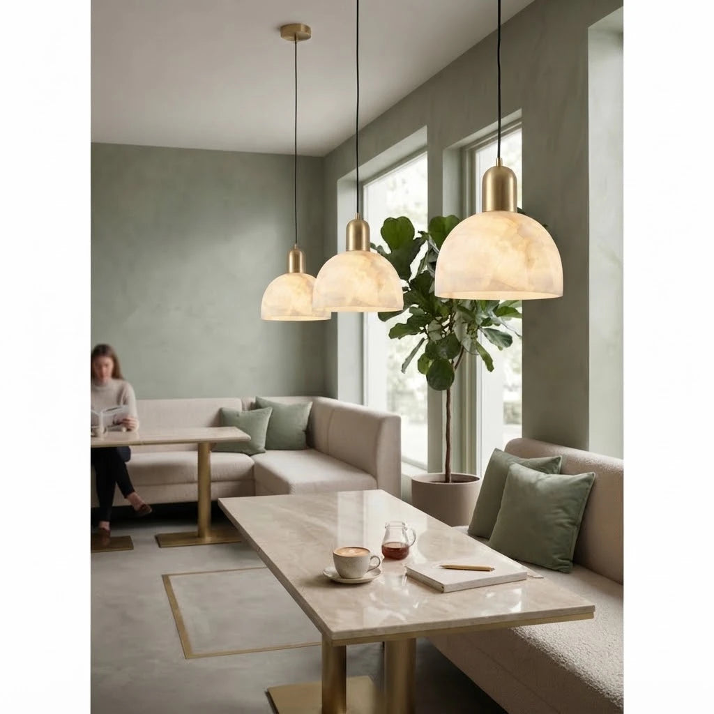 Modern Alabaster Art Glass Pendant Lights in Dining Nook Setting