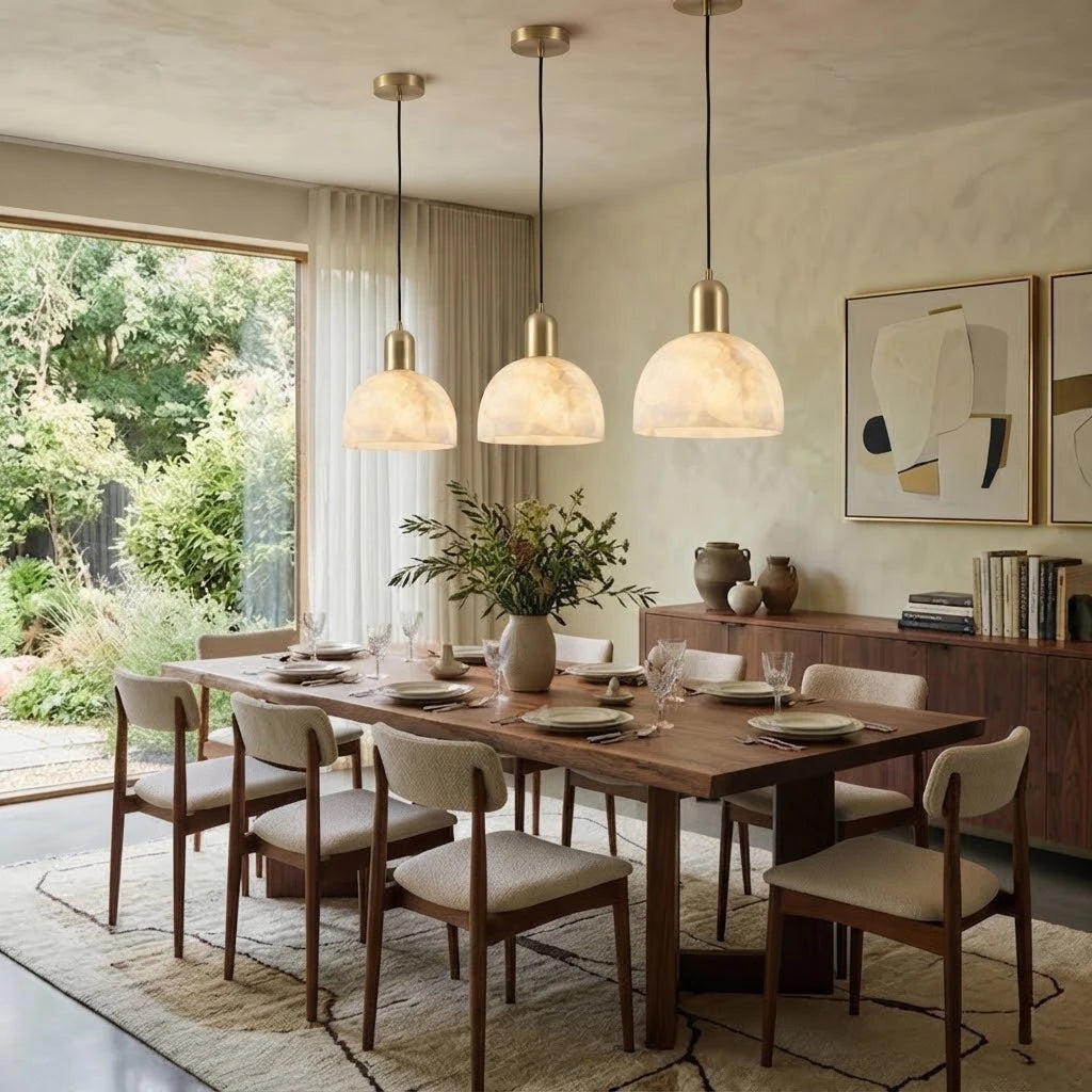 Modern Dome Alabaster Pendant Lights Over Dining Table