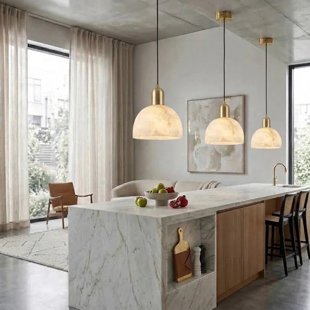 Modern Alabaster Art Glass Pendant Lights Over Kitchen Counter