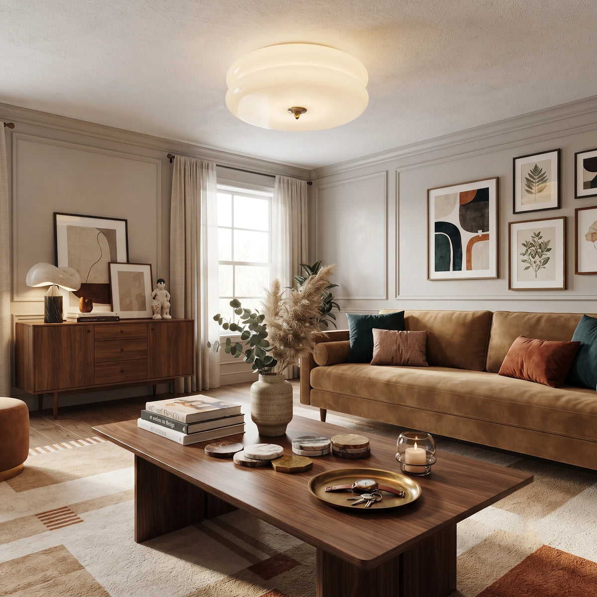 Mid Century Double Tiered Glass Ceiling Light Over Living Room Seating Area
