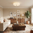 Double Tiered Glass Ceiling Light Over Living Room Storage Credenza