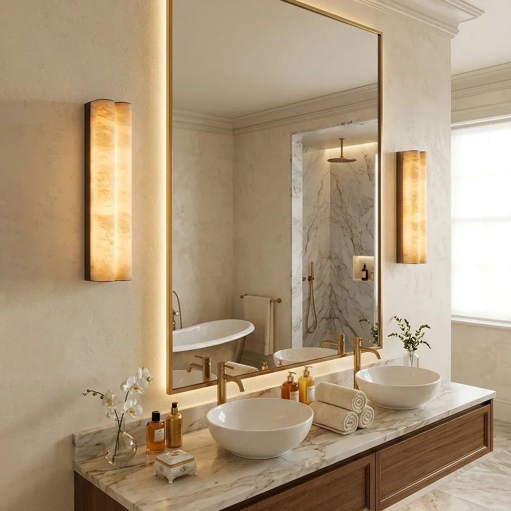 Modern Alabaster Vanity Wall Light Beside Bathroom Mirror