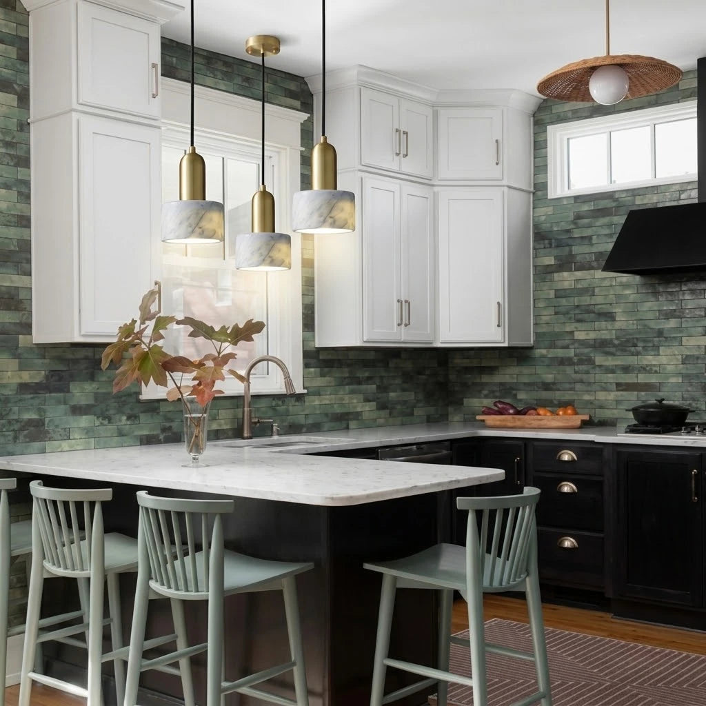 Modern Short Alabaster Pendant Light Over Kitchen Island