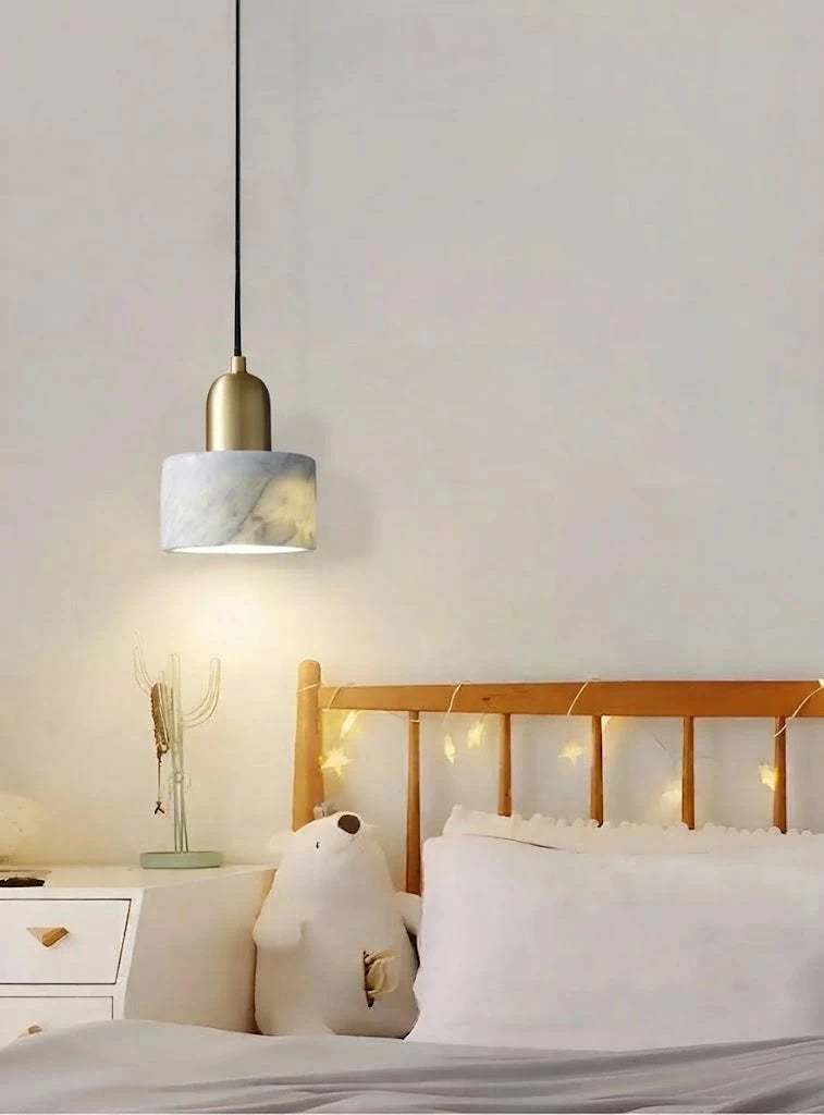 Modern Short Alabaster Pendant Light Over Bedroom Nightstand