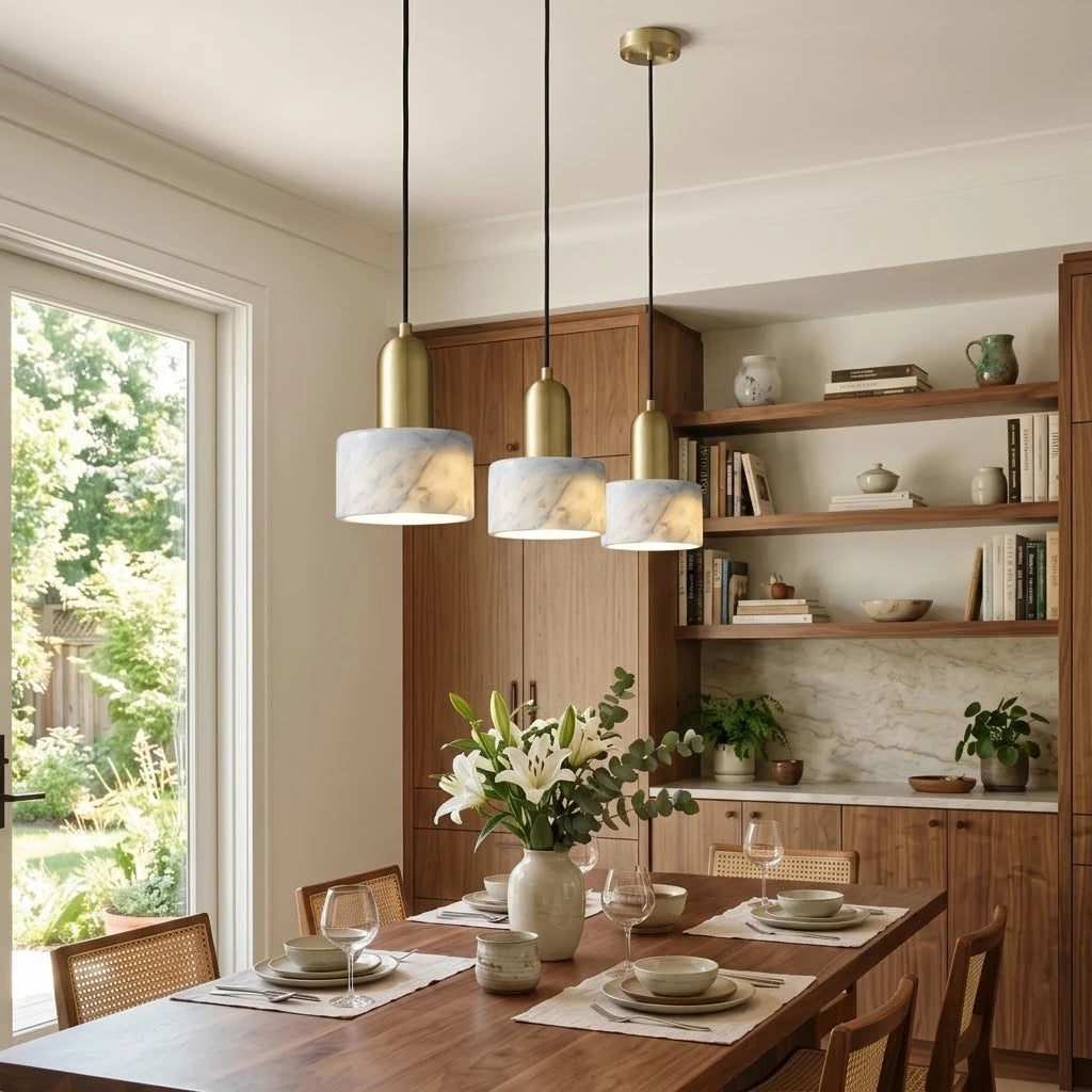 Modern Short Alabaster Pendant Light Over Dining Table