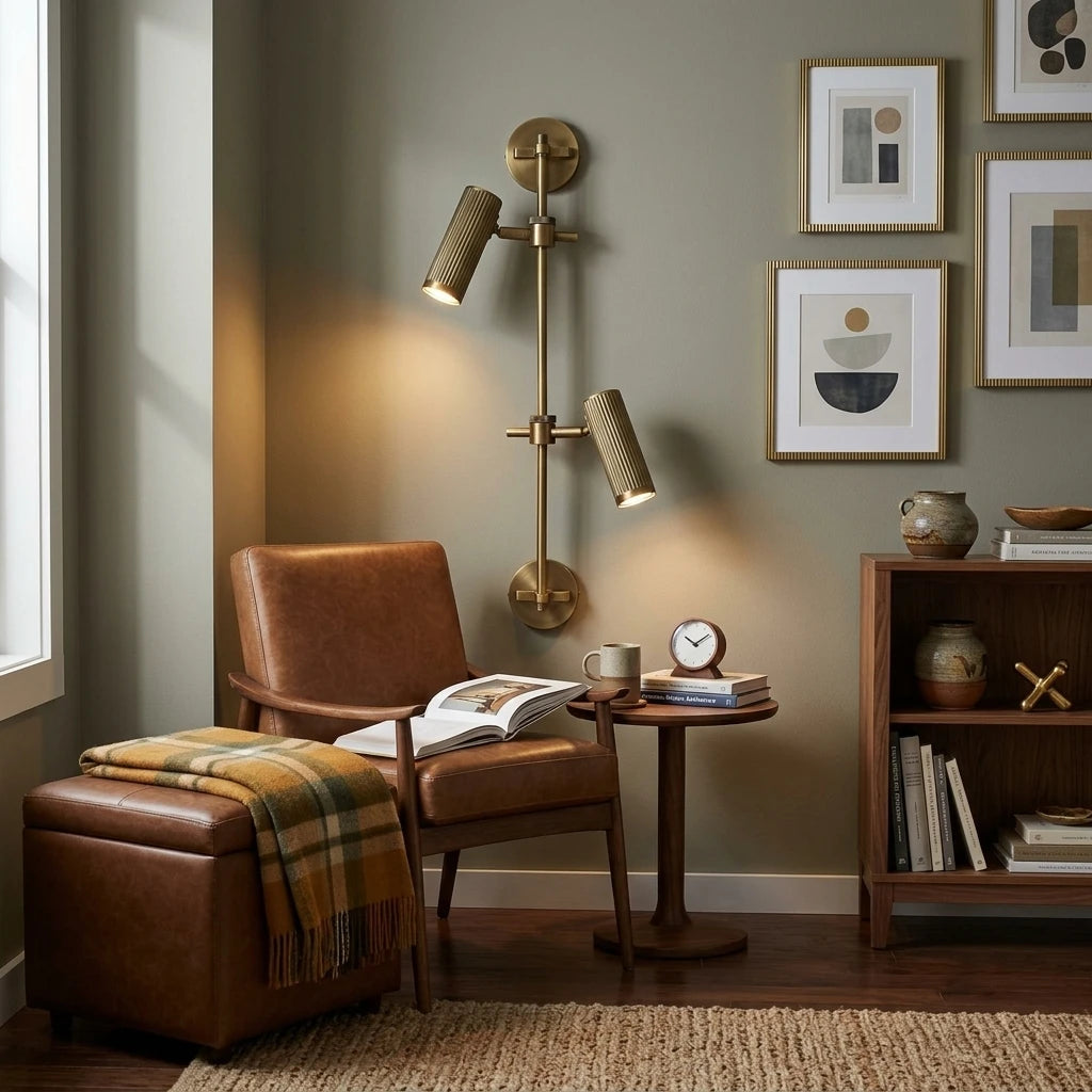 Industrial Brass Wall Sconce Illuminating Cozy Reading Nook