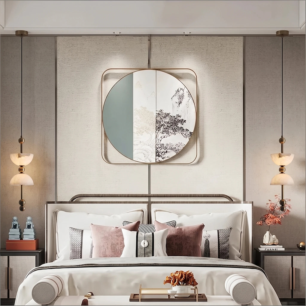 Pair of Alabaster Pendant Lamps Flanking Bedroom Bed