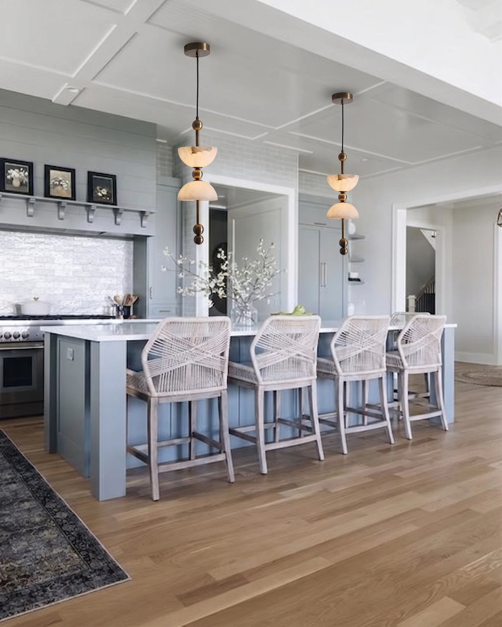 Pair of Alabaster Double Dome Pendant Lights Over Kitchen Island